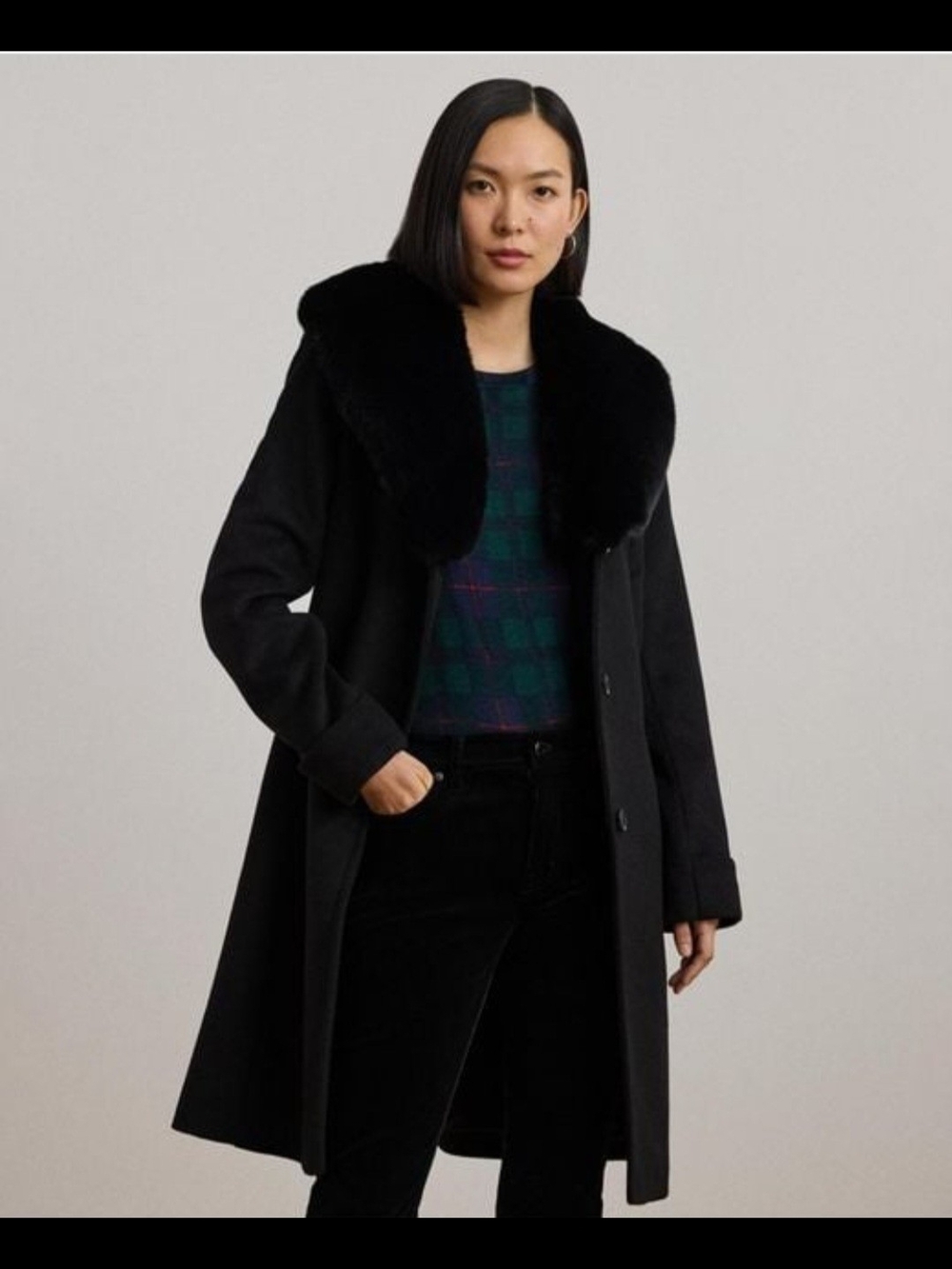 Lauren Ralph Lauren Black Wool-Blend Coat with Faux Fur Collar
